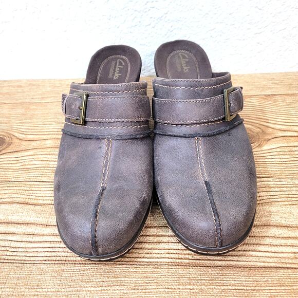 Clarks Bendables Leather Clogs Womens Shoes SZ 12 Brown Mules Buckles Split - Picture 6 of 11